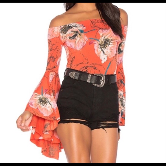 FREE PEOPLE orange/floral bell sleeve top - Picture 2 of 7